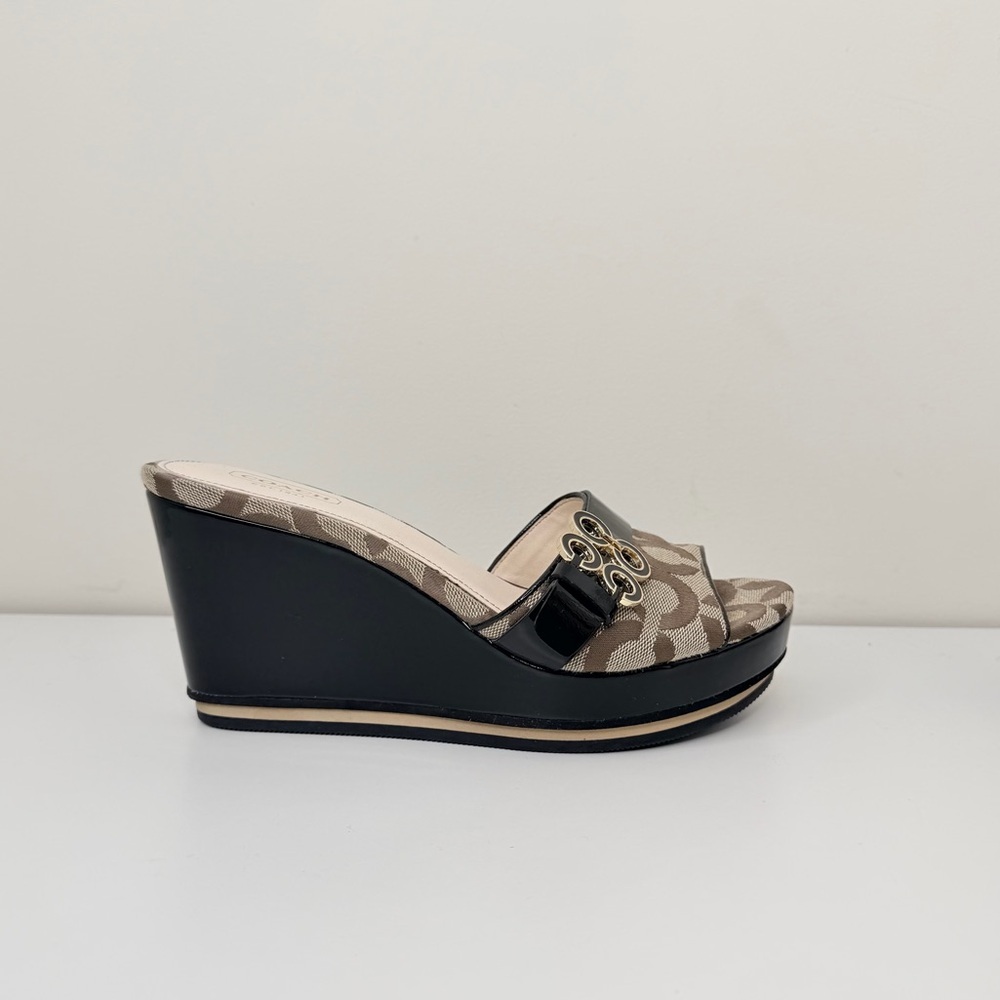 Coach Geri Wedge Sandals Signature Logo Canvas Platform Heels Size 7 - Picture 2 of 13